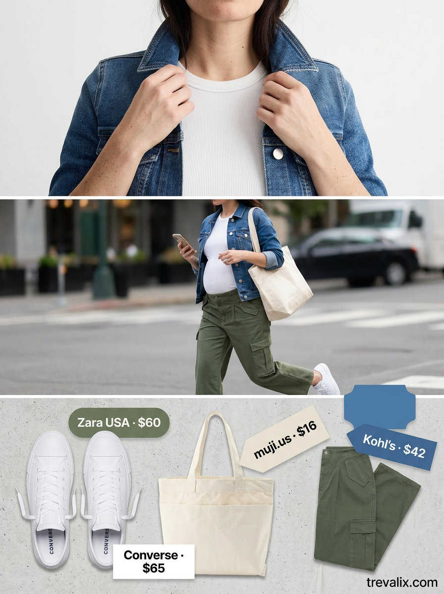 Effortless mom outfits summer 2026: Khaki cargo pants, white tee, and denim jacket for casual cool.