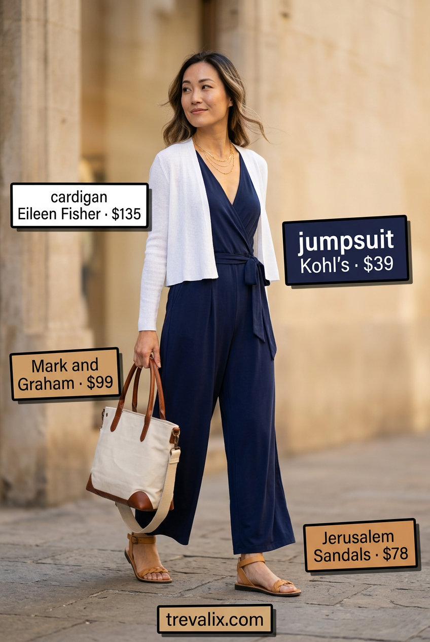 Effortless mom outfits summer 2026: Navy jumpsuit, white cardigan, and canvas tote for casual day out.