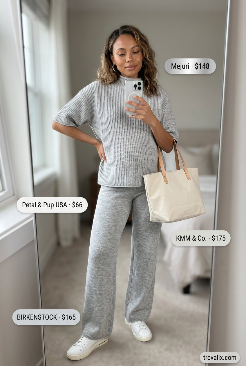 Effortless mom outfits summer 2026: Grey knit set with white sneakers, silver hoops, and canvas tote bag.