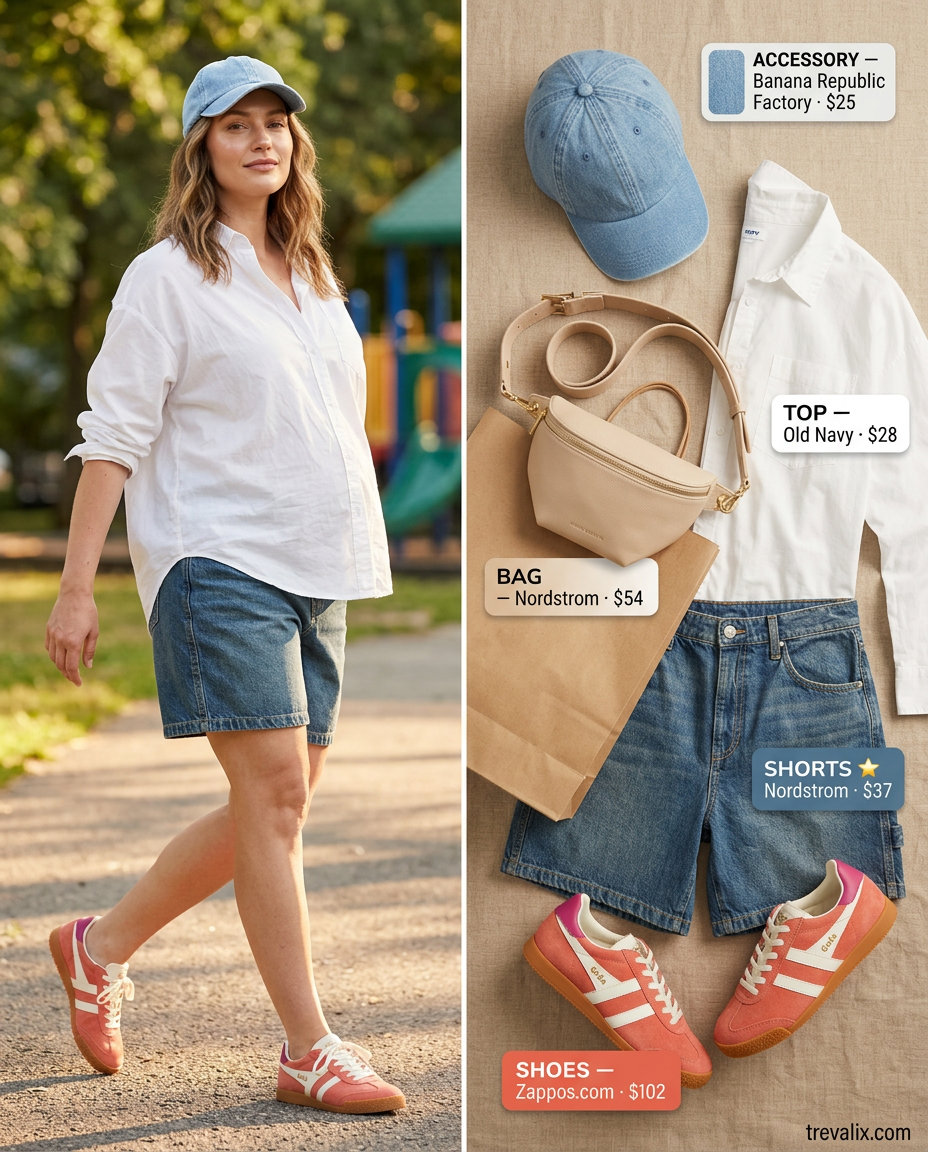 Effortless mom outfits summer 2026: Denim shorts, oversized shirt, canvas sneakers for park playdate.