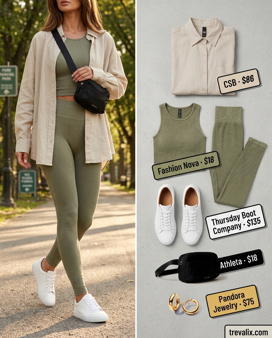 Effortless mom outfits summer 2026: Olive green matching set with white sneakers for elevated athleisure.