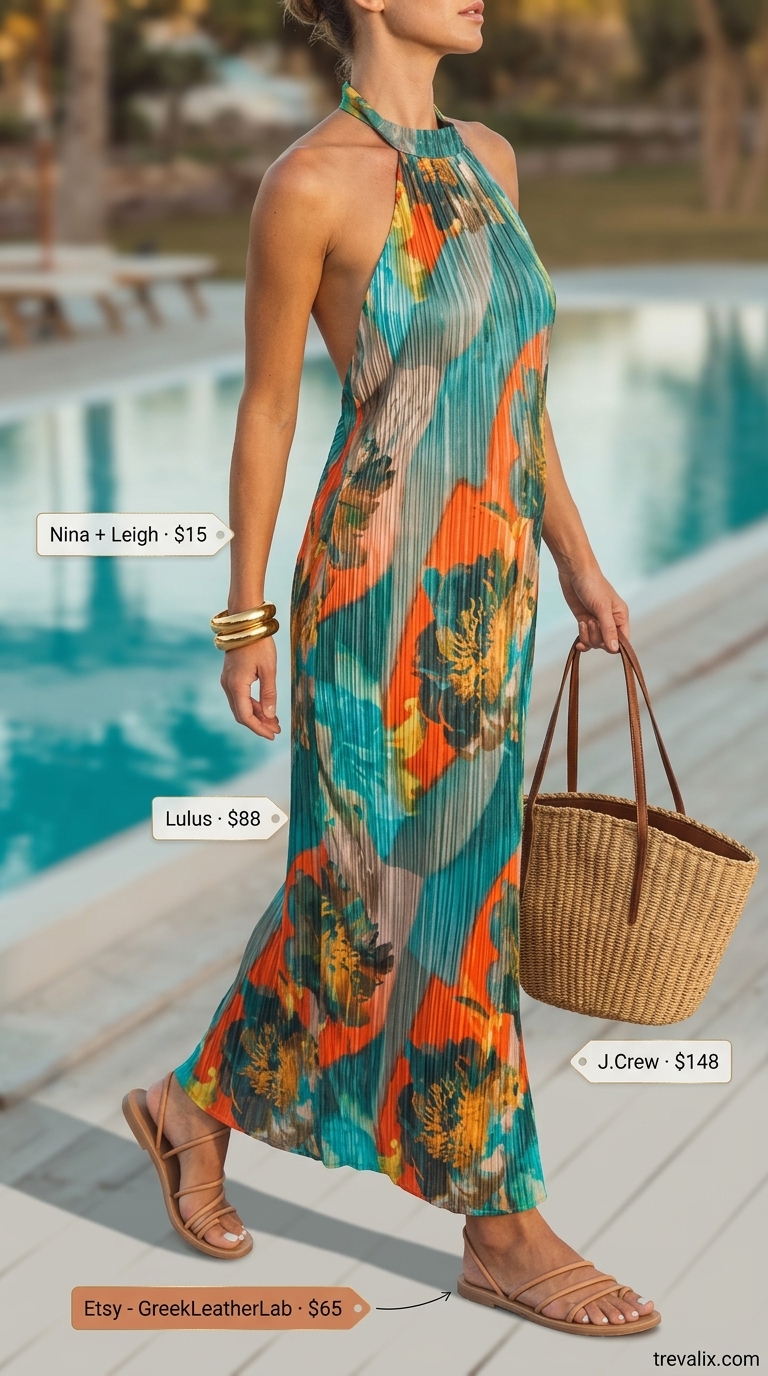 Effortless mom outfits summer 2026: Teal abstract print maxi dress, tan sandals, straw tote, and wood bangles.