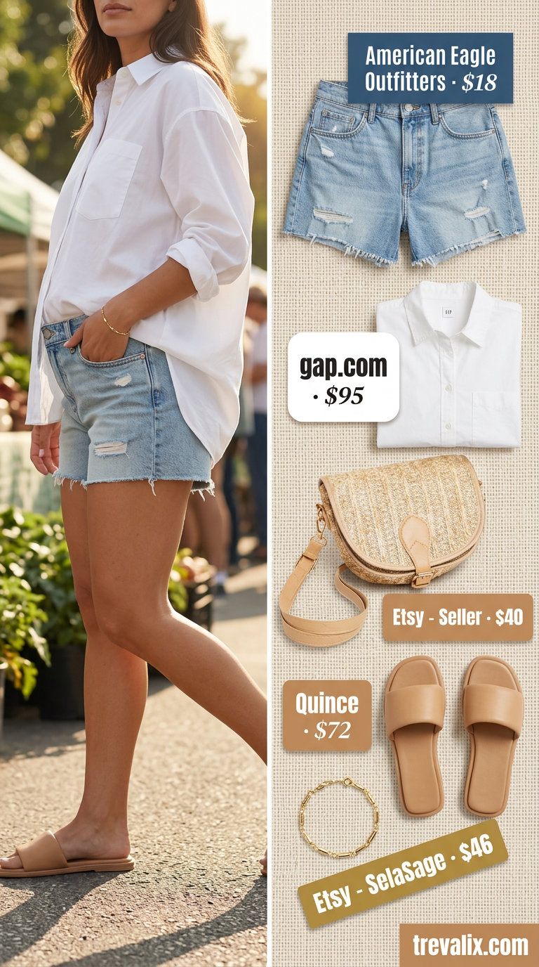 Effortless mom outfits summer 2026: Denim shorts, white oversized shirt, straw bag for farmers market chic.