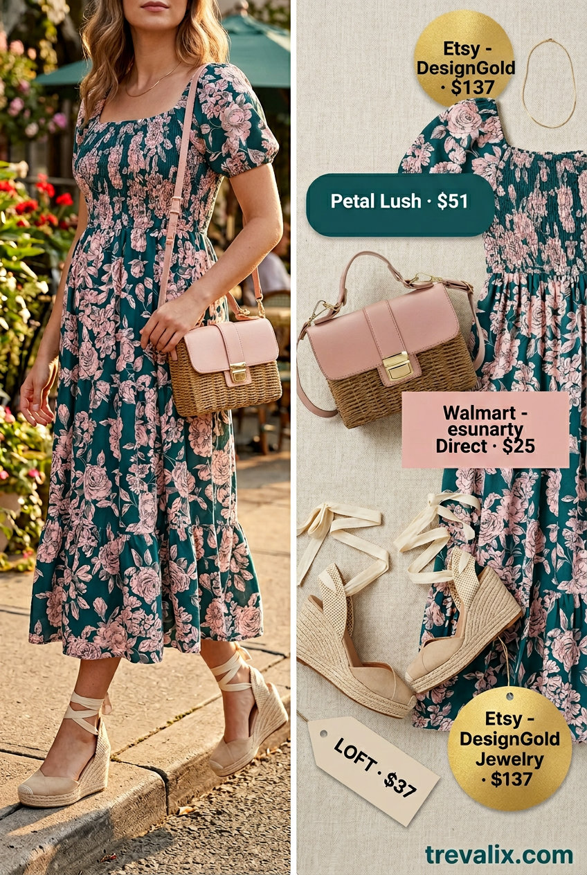 Effortless mom outfits summer 2026: Floral midi dress, espadrille wedges, straw bag for a lunch date.
