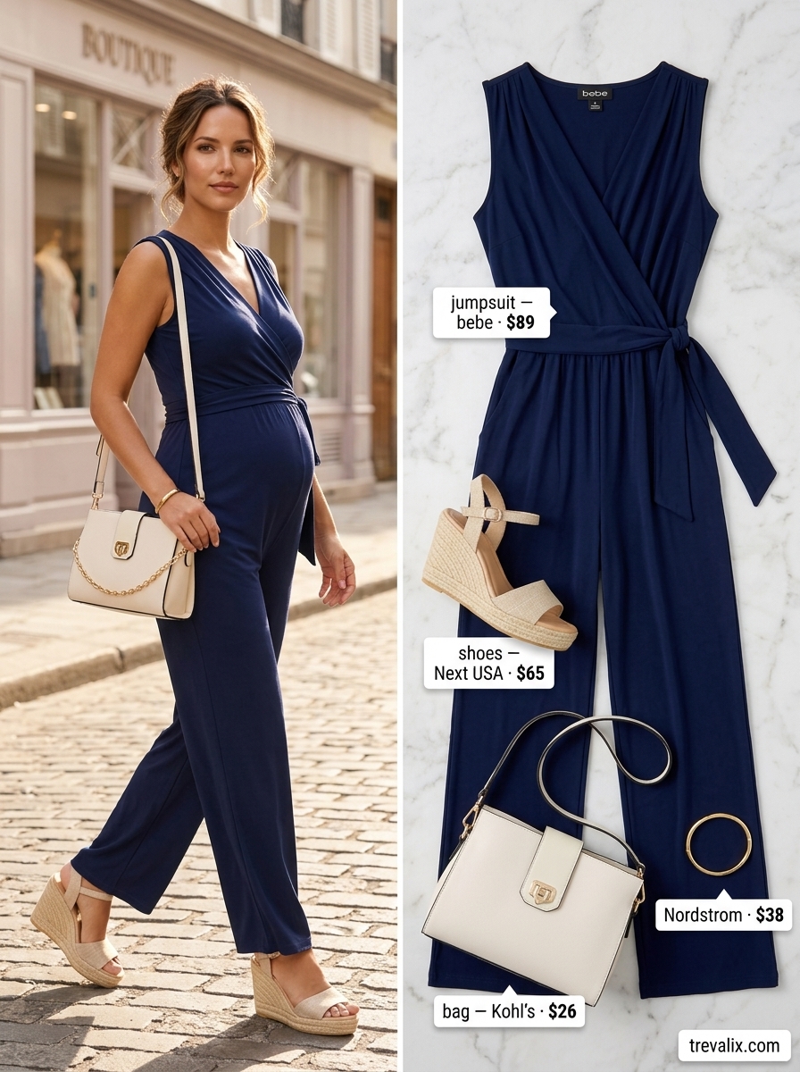 Effortless mom outfits summer 2026: Navy wide-leg jumpsuit, white espadrilles, gold bangle, and crossbody bag for day out.