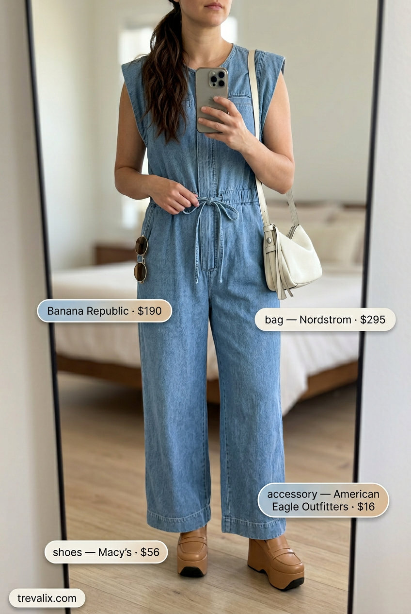 Effortless mom outfits summer 2026: Chambray jumpsuit, tan loafers, round sunglasses for weekend errands.