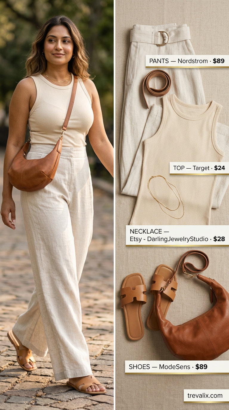 Effortless mom outfits summer 2026: Linen pants, tank top, leather slides for relaxed chic.