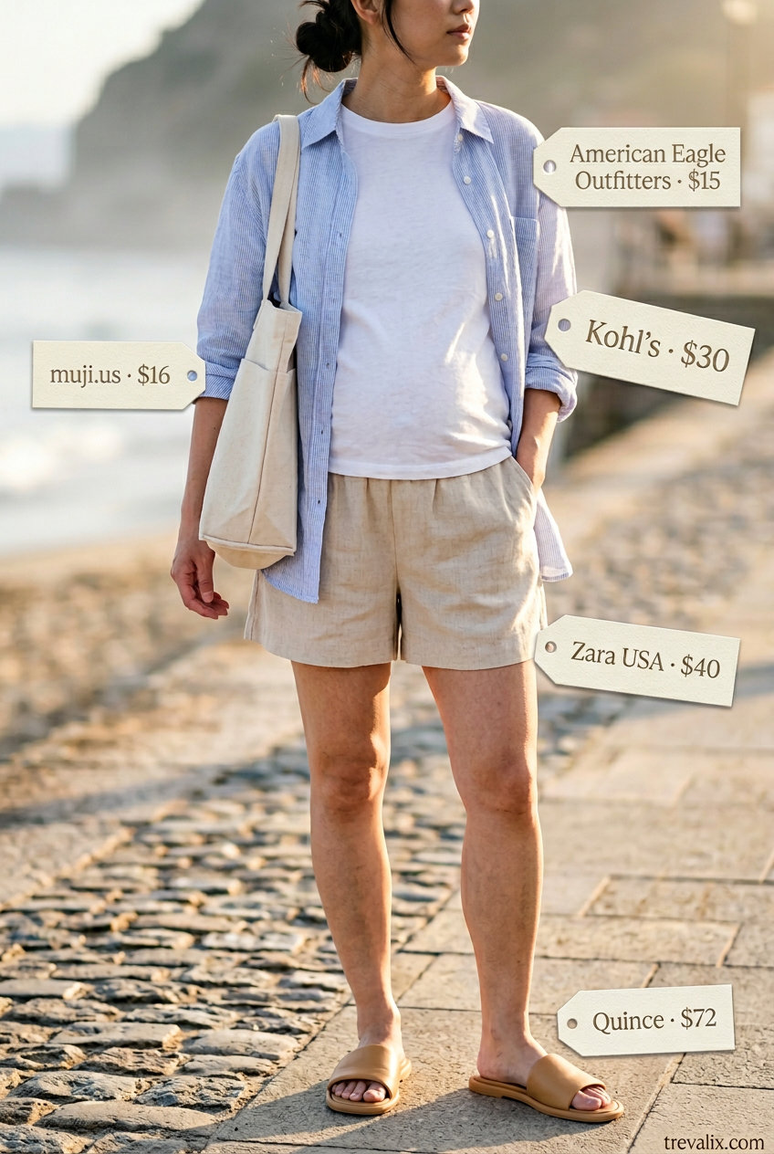 Effortless mom outfits summer 2026: Linen shorts, striped shirt, and canvas tote for casual chic.