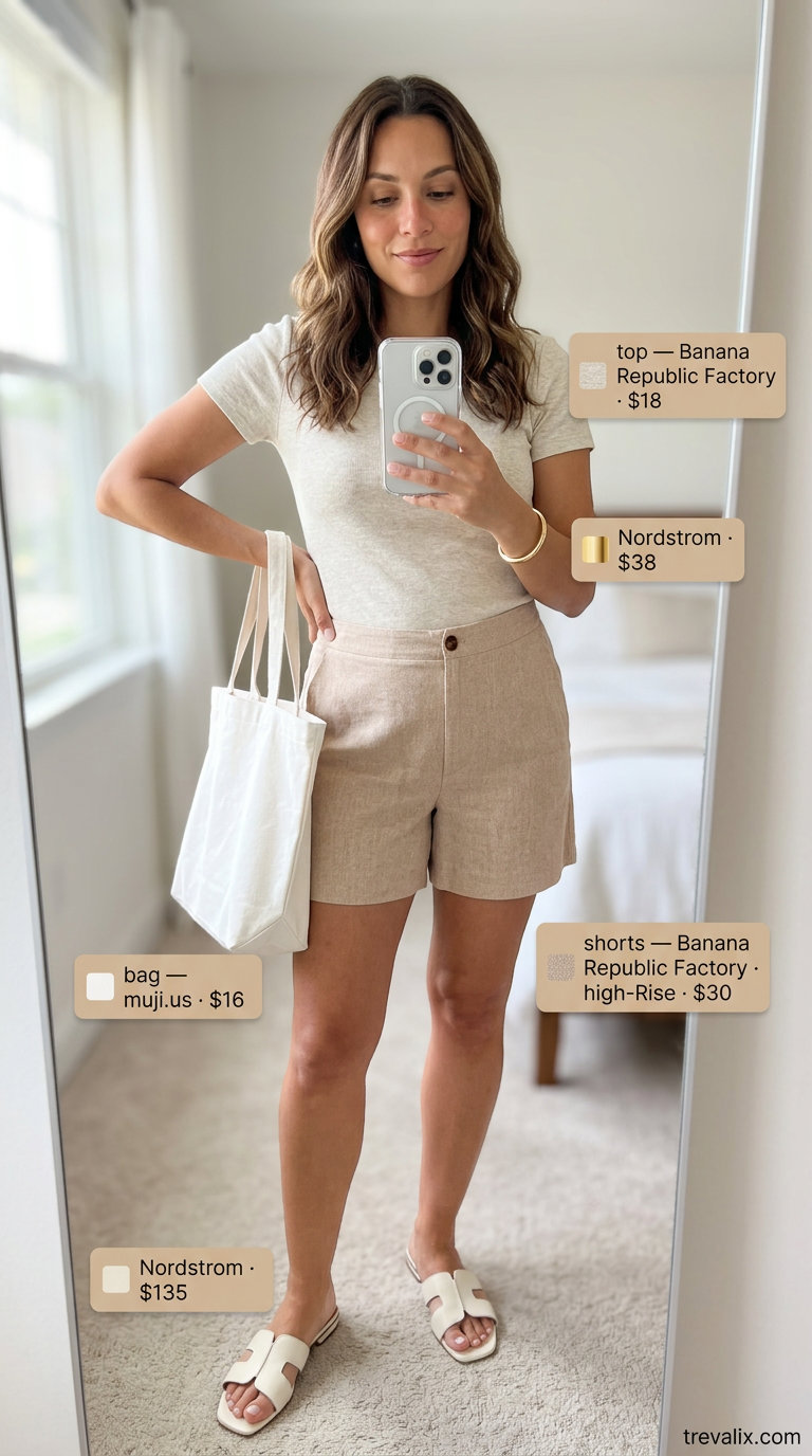 Effortless mom outfits summer 2026: Beige linen shorts, cream tee, white slides, canvas tote, and gold bangle.