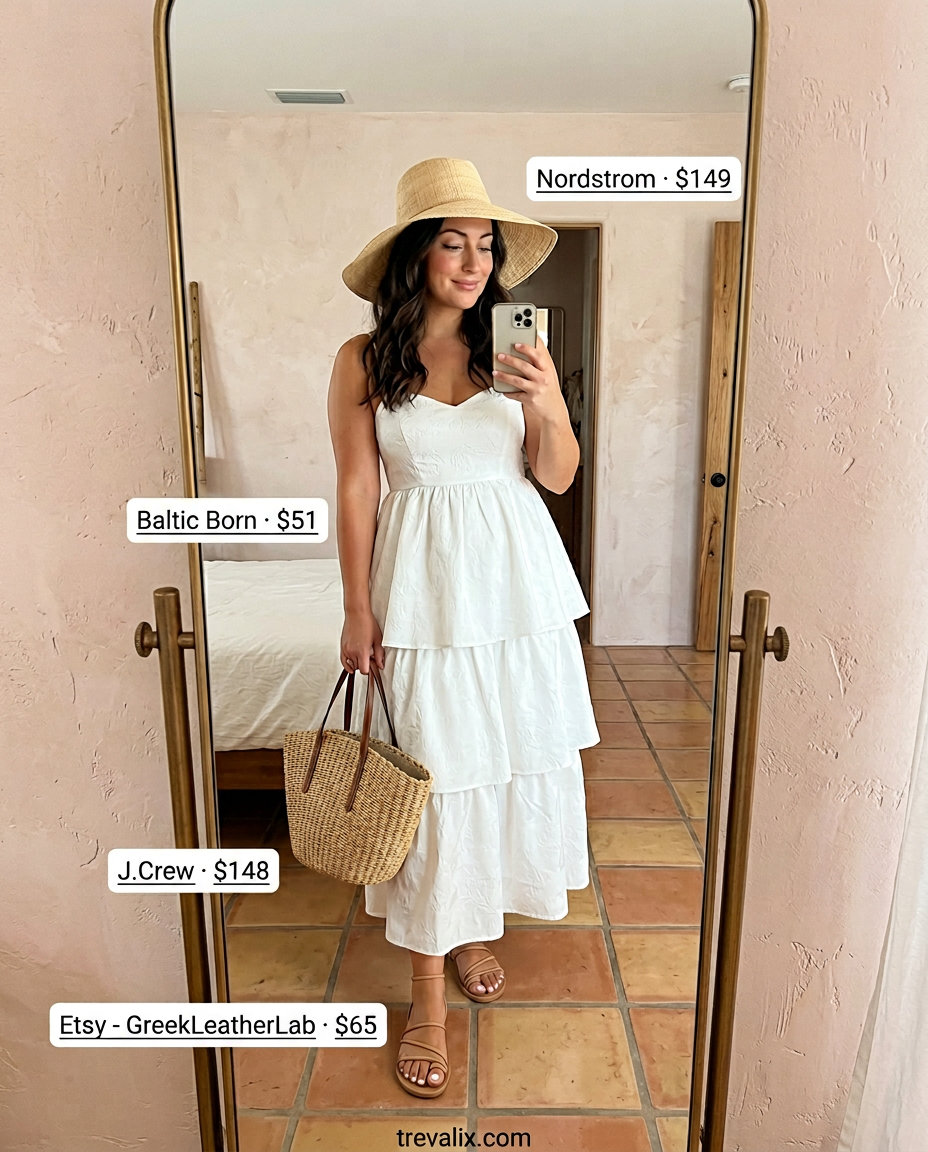 Effortless mom outfits summer 2026: White embroidered maxi dress, straw hat, tote bag, and leather sandals.
