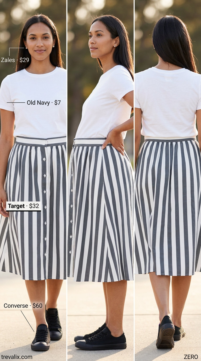 Effortless mom outfits summer 2026: Midi skirt, white tee, canvas sneakers for casual outings.