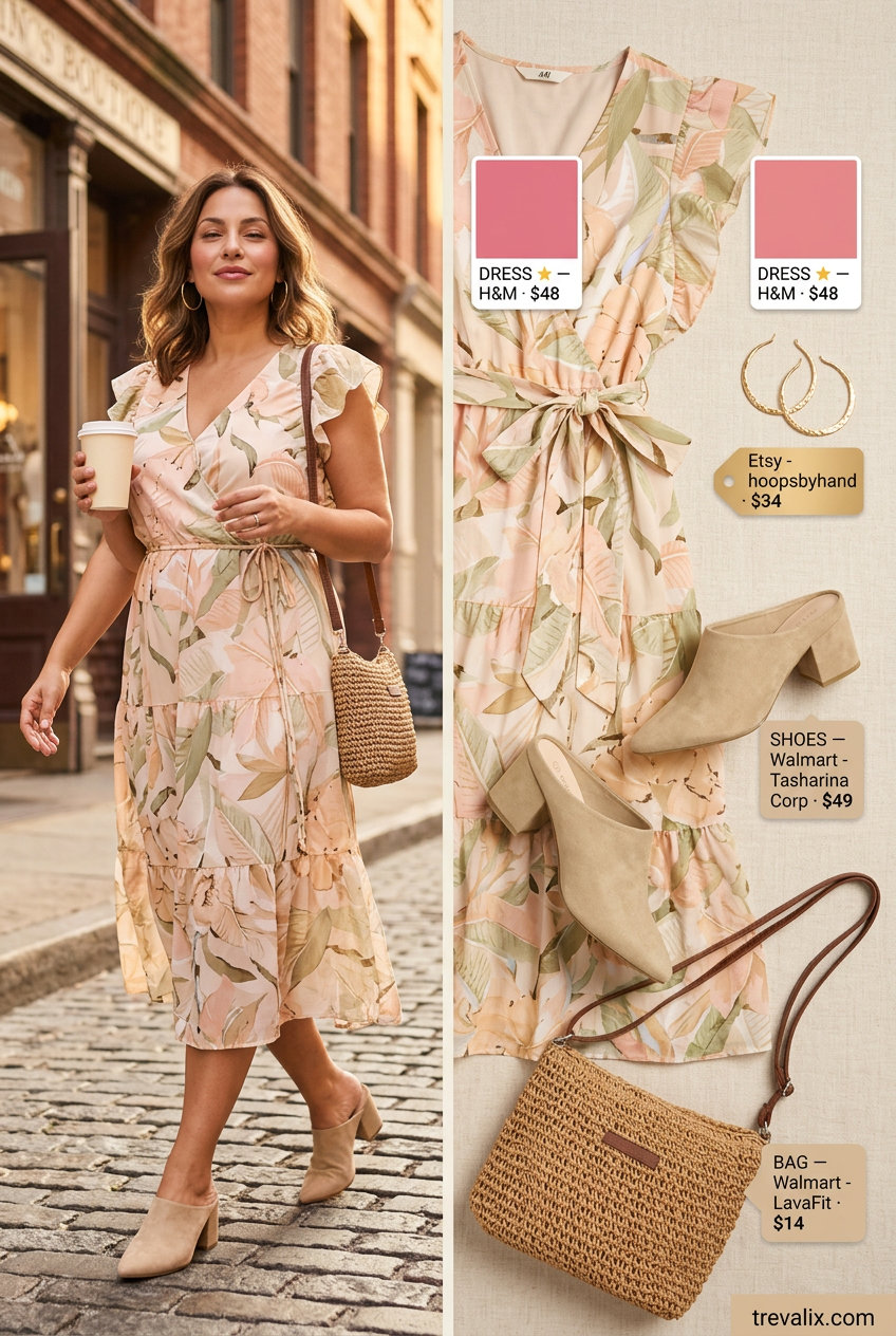 Effortless mom outfits summer 2026: Floral midi wrap dress, mules, straw bag for weekend brunch.