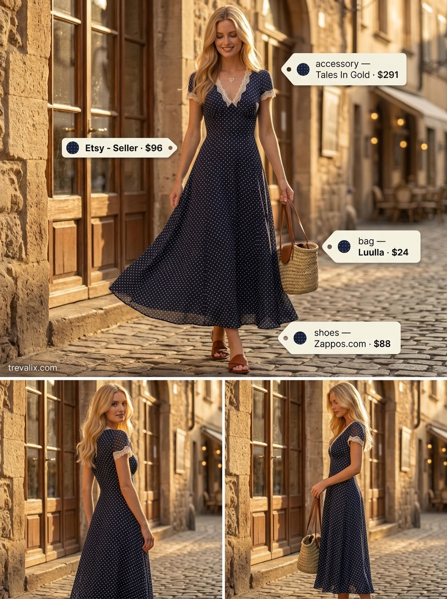 Effortless mom outfits summer 2026: Navy polka dot maxi dress, tan slides, straw tote, and gold necklace.