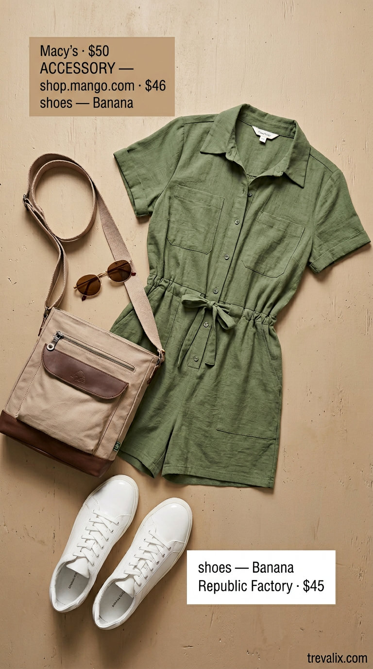Effortless mom outfits summer 2026: Olive green utility romper, white sneakers, canvas bag, and round sunglasses.
