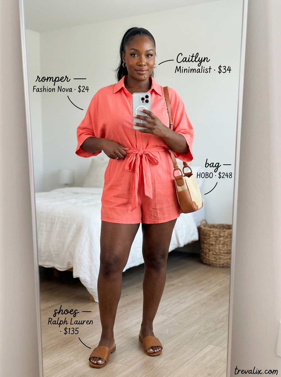 Effortless mom outfits summer 2026: Coral romper, straw bag, leather slides for a playful look.