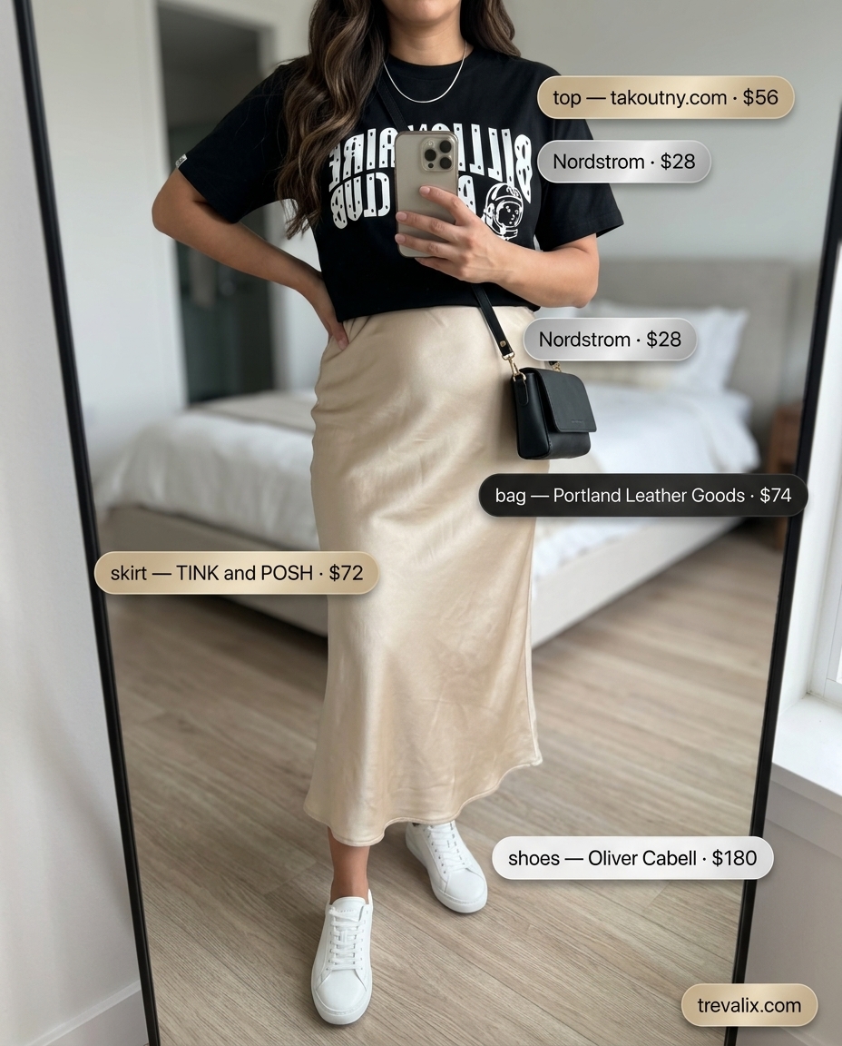 Effortless mom outfits summer 2026: Champagne satin skirt, graphic tee, and white sneakers for modern muse.