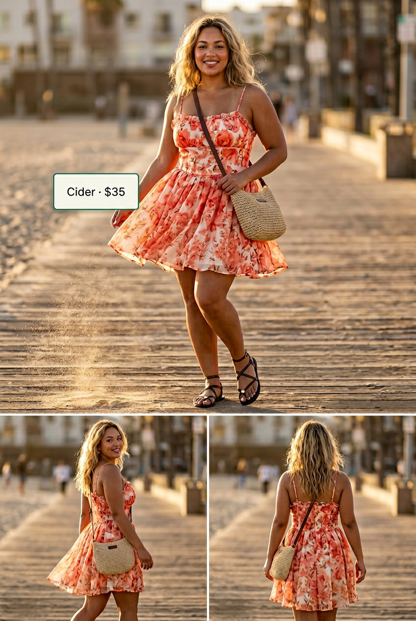 Effortless mom outfits summer 2026: Coral sundress, straw hat, flat sandals for a summer day out.