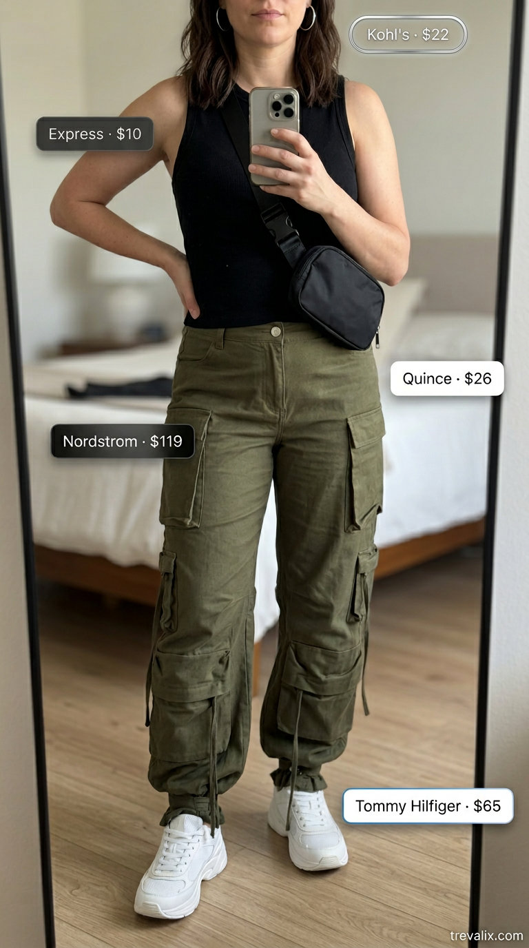 Effortless mom outfits summer 2026: Olive cargo pants, black tank, and chunky sneakers for urban explorer.