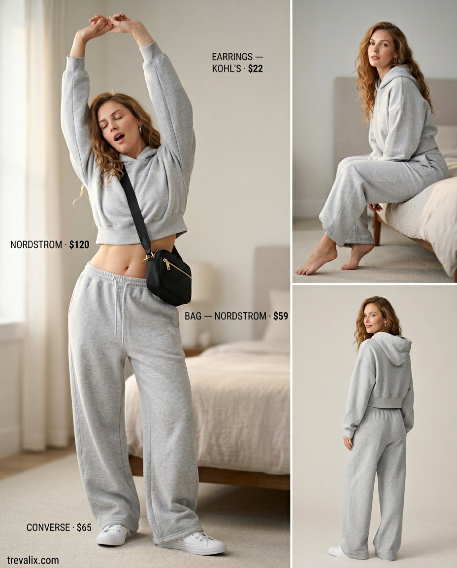Effortless mom outfits summer 2026: Grey loungewear set with white sneakers, silver hoops, and black crossbody bag.