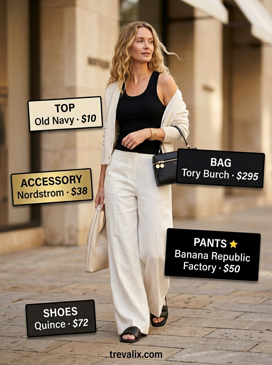 Effortless mom outfits summer 2026: Beige linen pants, black tank, and leather sandals for chic style.