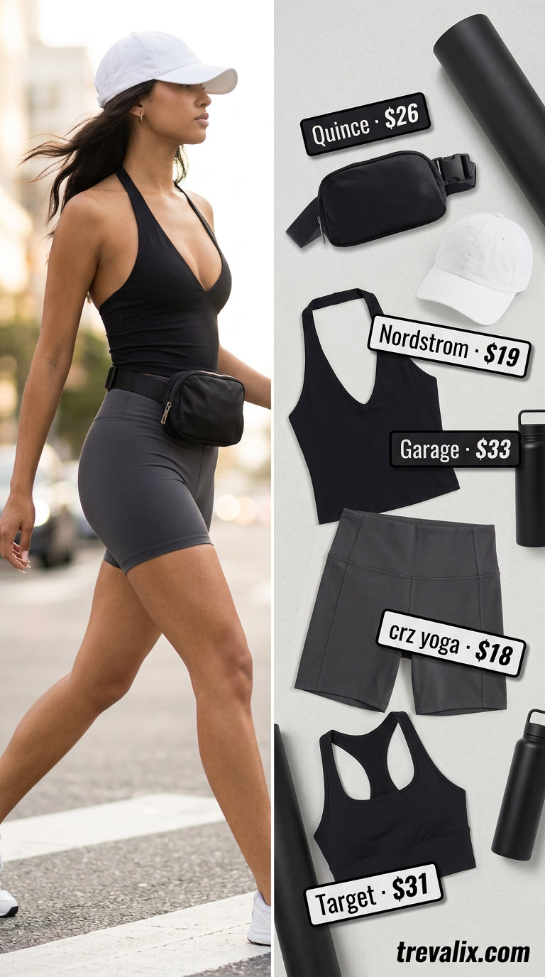 Elegant summer halter top outfits 2026: Black sporty halter top, biker shorts, sneakers for an athleisure look.