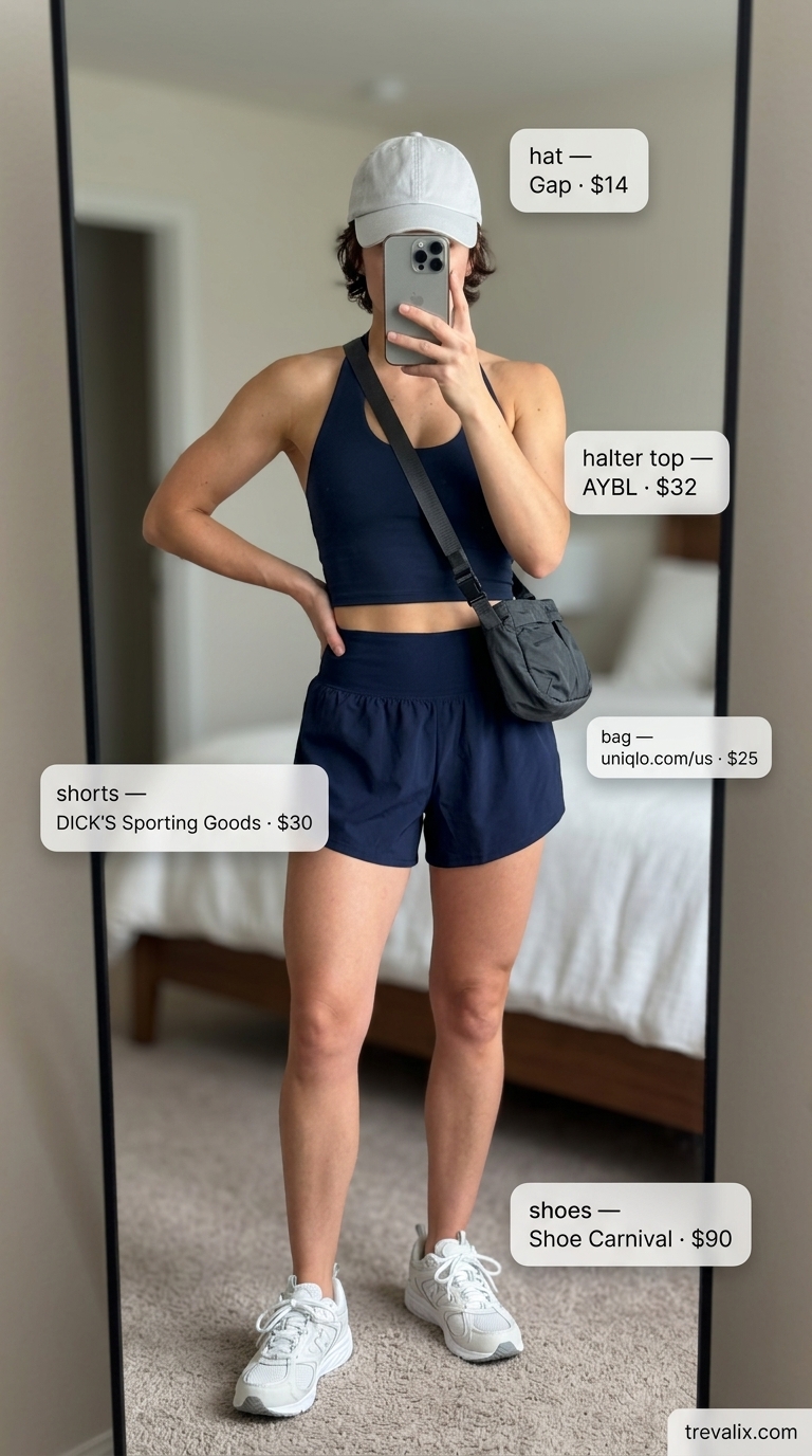 Elegant summer halter top outfits 2026: Navy halter crop top with athletic shorts for sporty day.