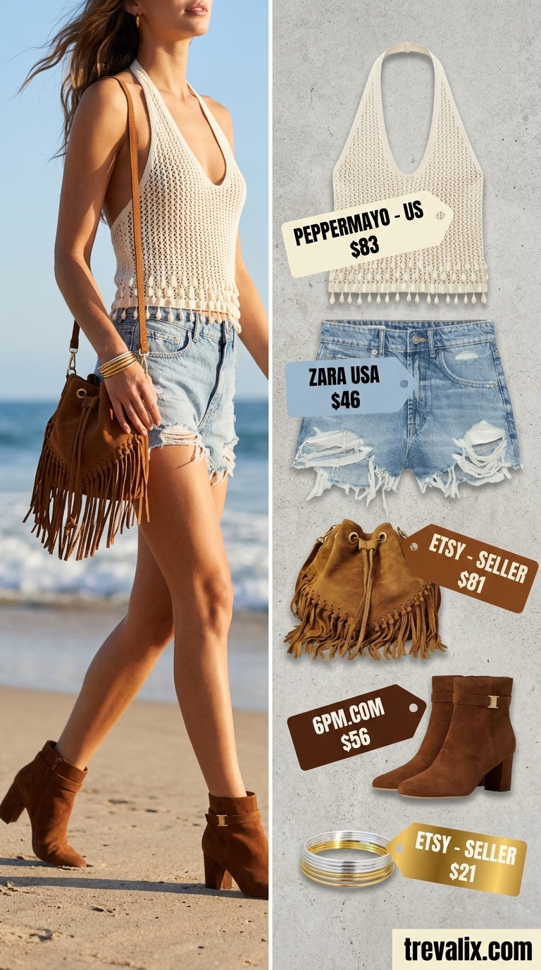 Elegant summer halter top outfits 2026: Ivory crochet halter top, denim shorts, suede boots for a beachy vibe.