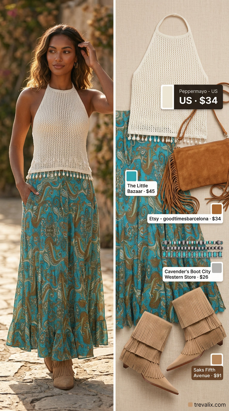 Elegant summer halter top outfits 2026: Cream crochet halter, paisley maxi skirt, suede boots for boho beach style.