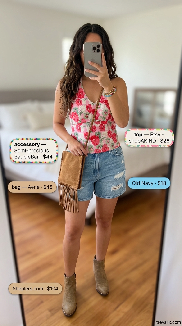 Elegant summer halter top outfits 2026: Multicolor floral halter top with denim shorts for boho vibe.