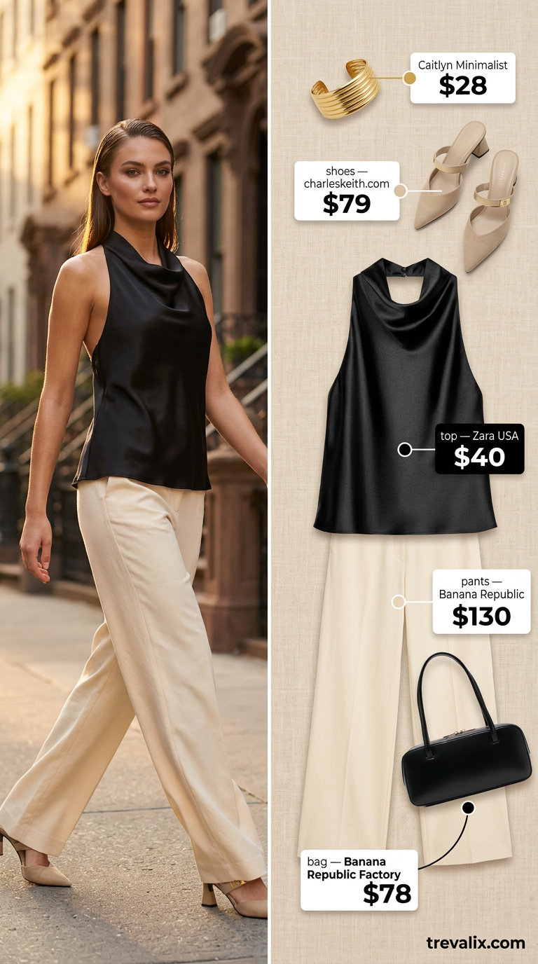 Elegant summer halter top outfits 2026: Black satin halter top with beige wide-leg trousers and gold jewelry for city events.