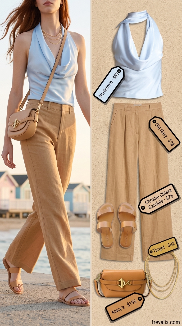 Elegant summer halter top outfits 2026: Sky blue satin halter, linen pants, leather sandals for a coastal vibe.