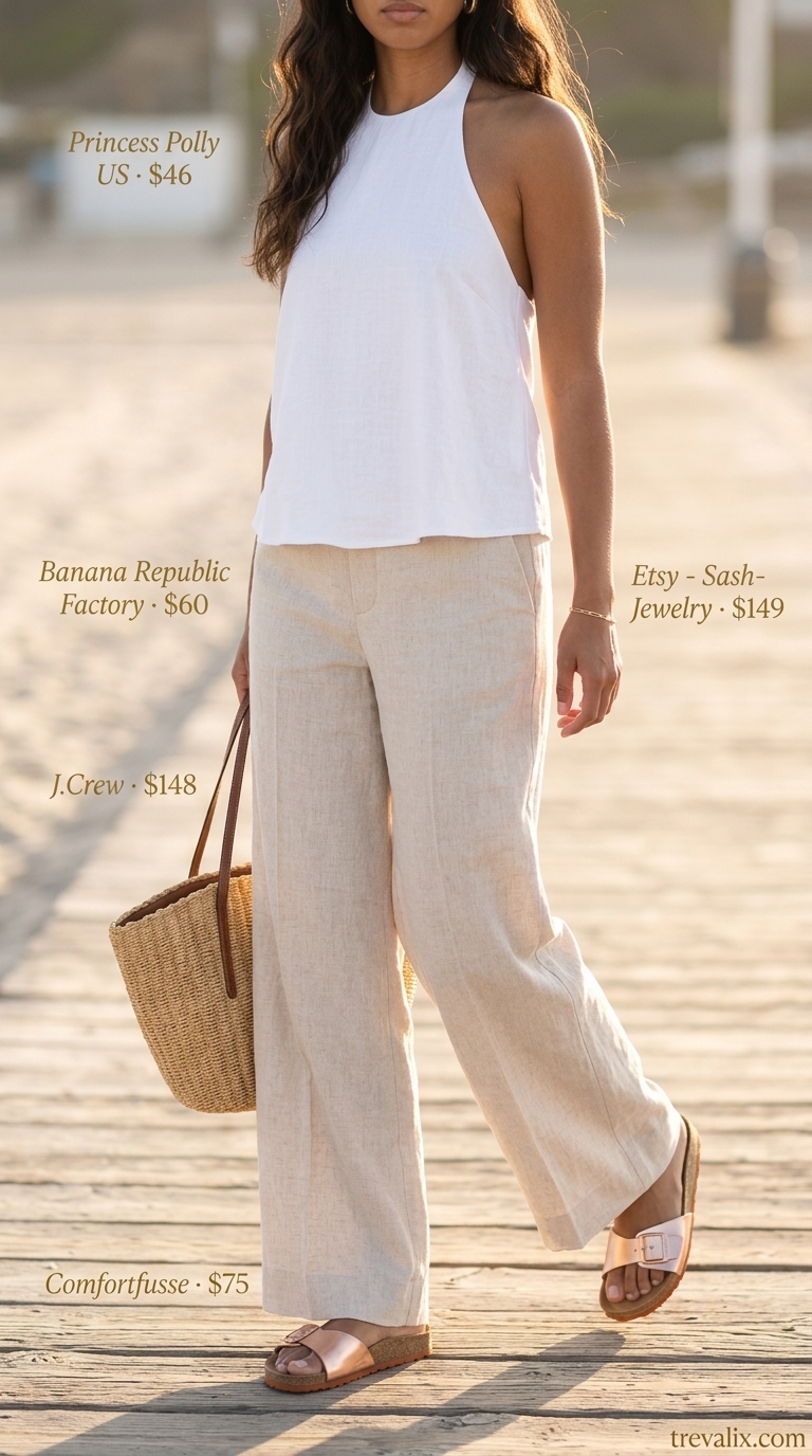 Elegant summer halter top outfits 2026: White halter top with cream linen wide-leg pants for casual lunches.