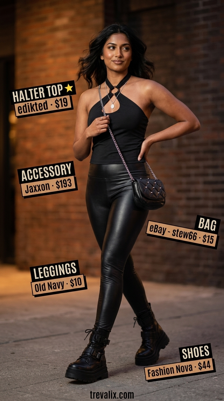 Elegant summer halter top outfits 2026: Black cut-out halter top with faux leather leggings and combat boots for night outs.