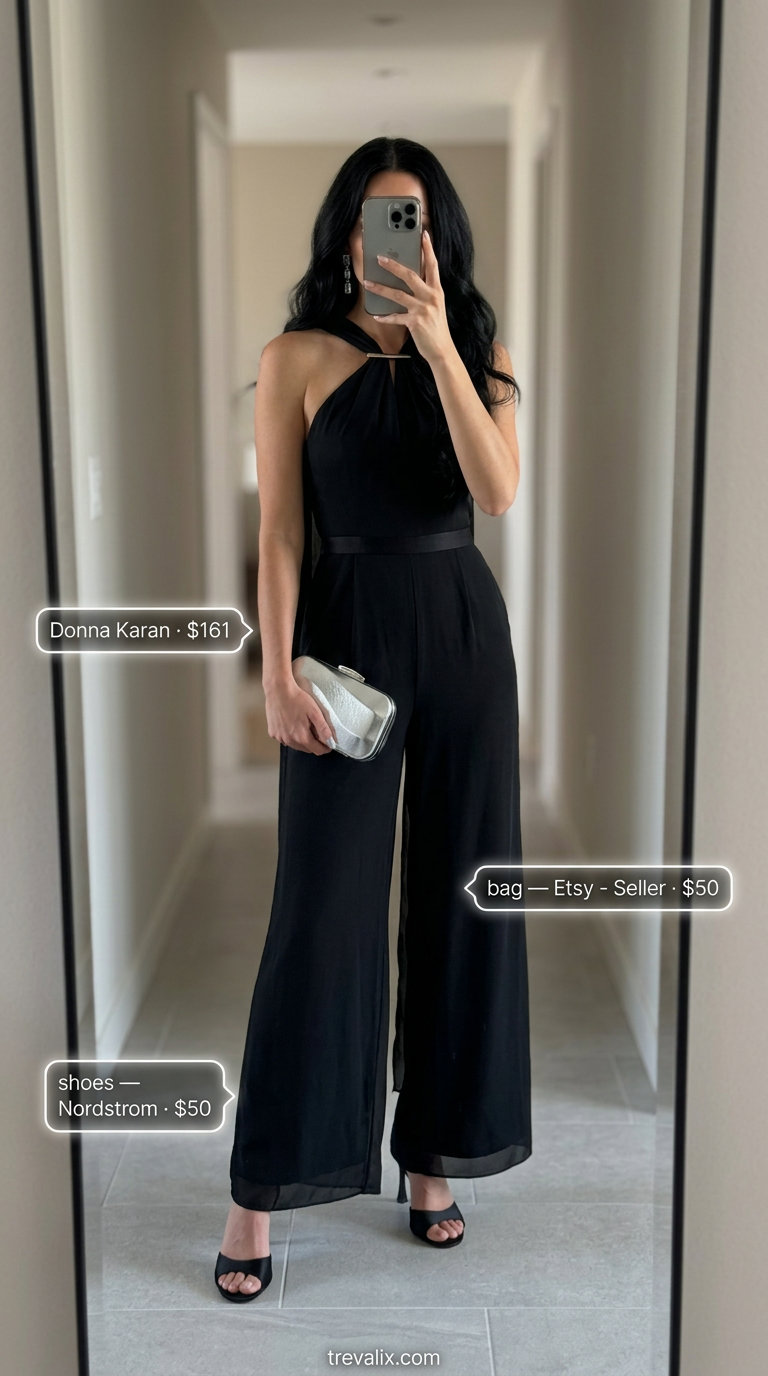 Elegant summer halter top outfits 2026: Black wide-leg jumpsuit with silver accessories for formal events.