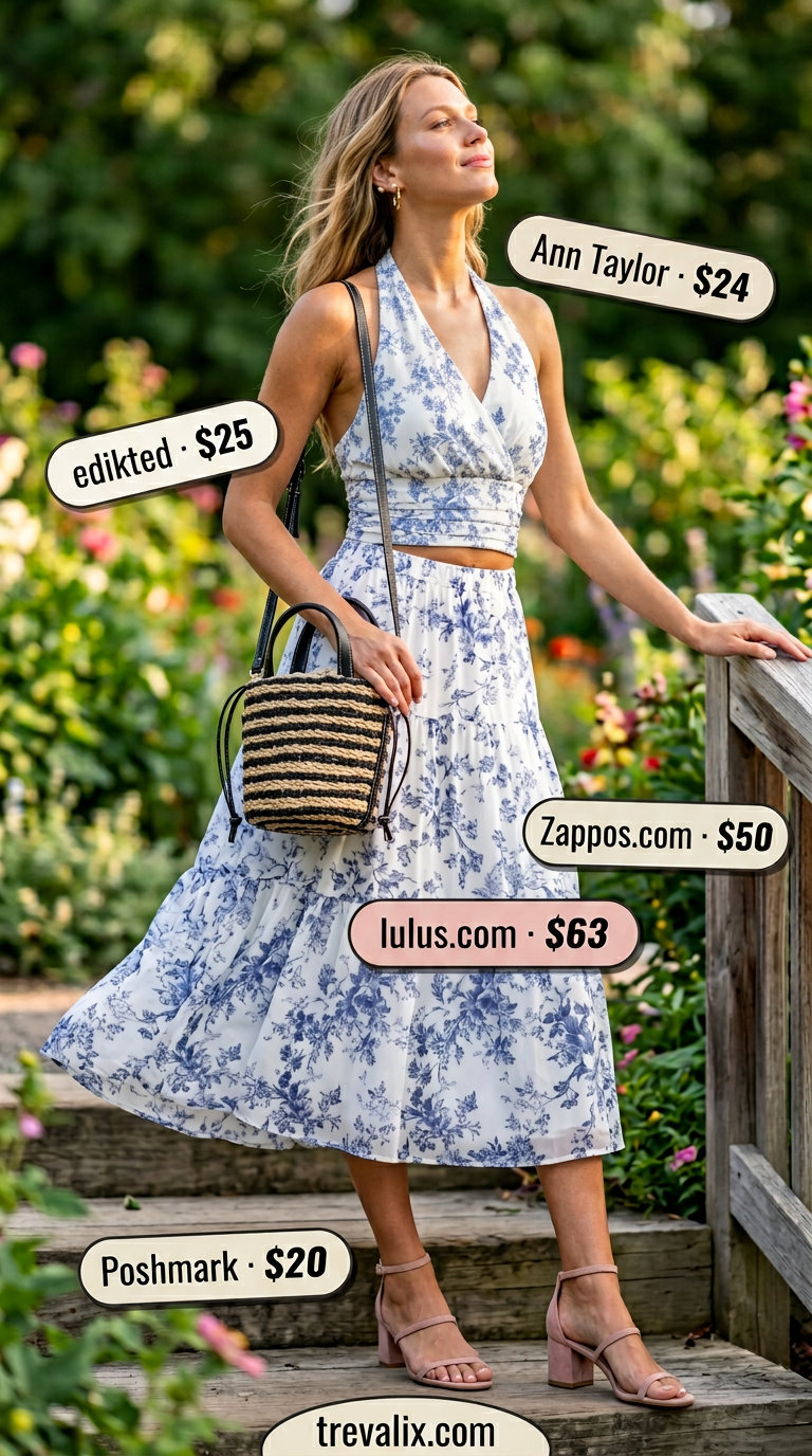 Elegant summer halter top outfit 2026: Pastel floral midi dress, straw bag, pearl earrings for garden party.
