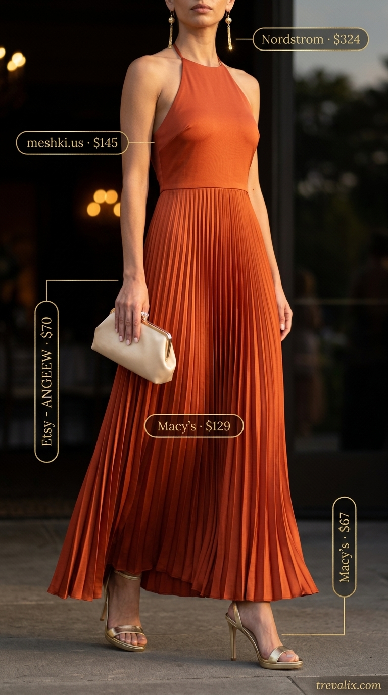 Elegant summer halter top outfits 2026: Coral maxi dress with halter neckline, gold heels & statement earrings.