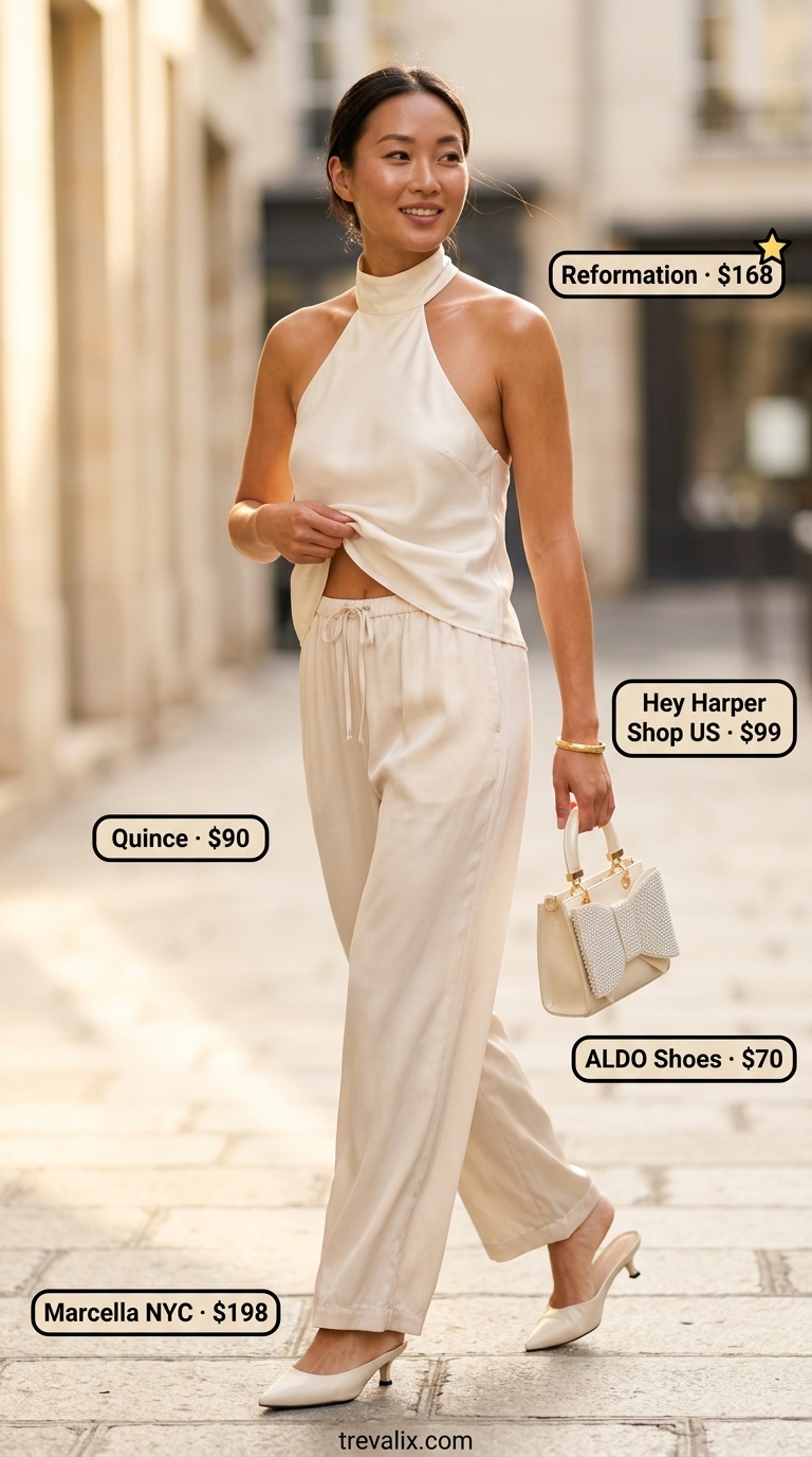 Elegant summer halter top outfits 2026: Ivory halter top with cream palazzo pants for minimalist style.