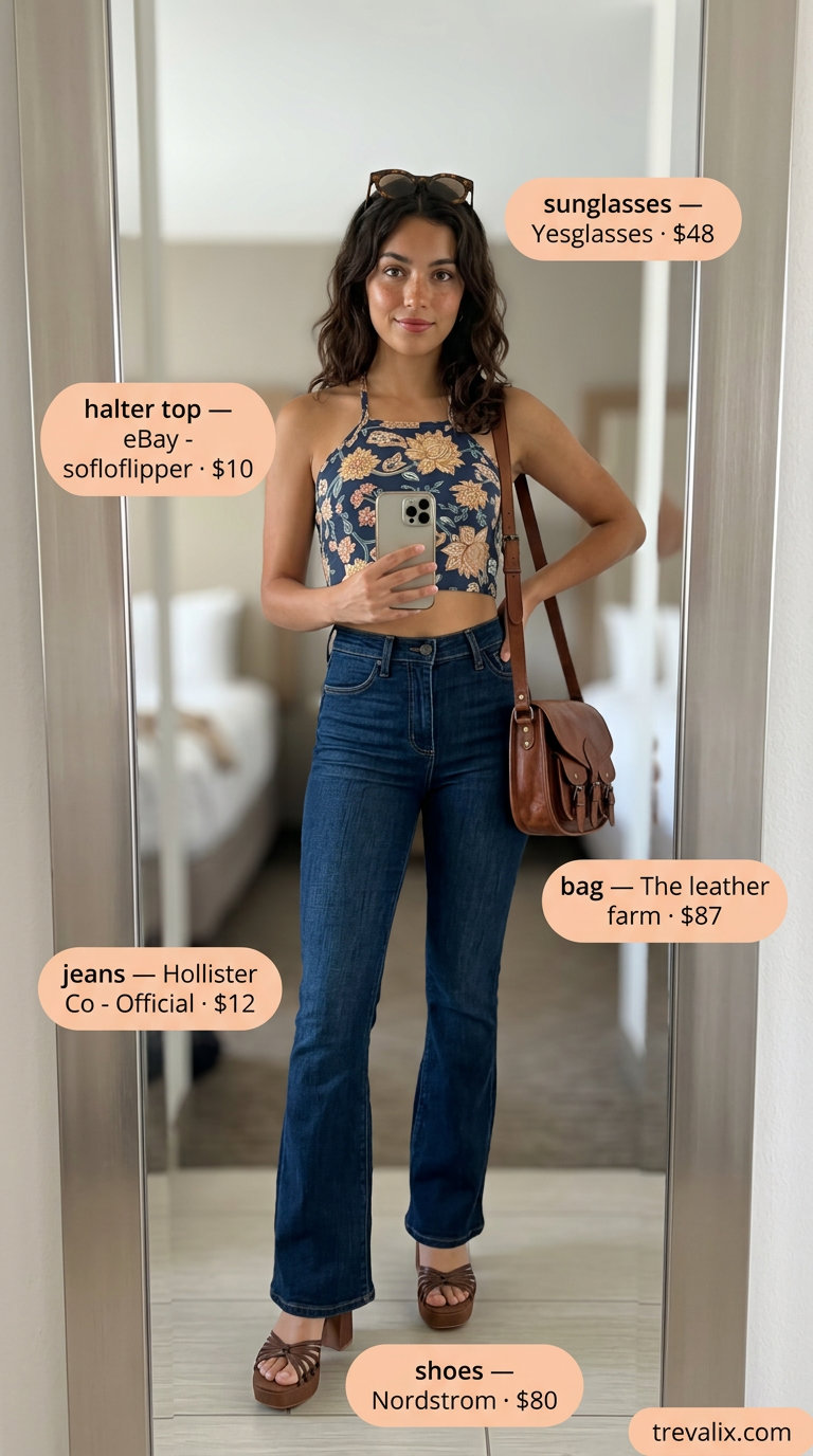 Elegant summer halter top outfits 2026: Paisley halter top with flared jeans for retro style.