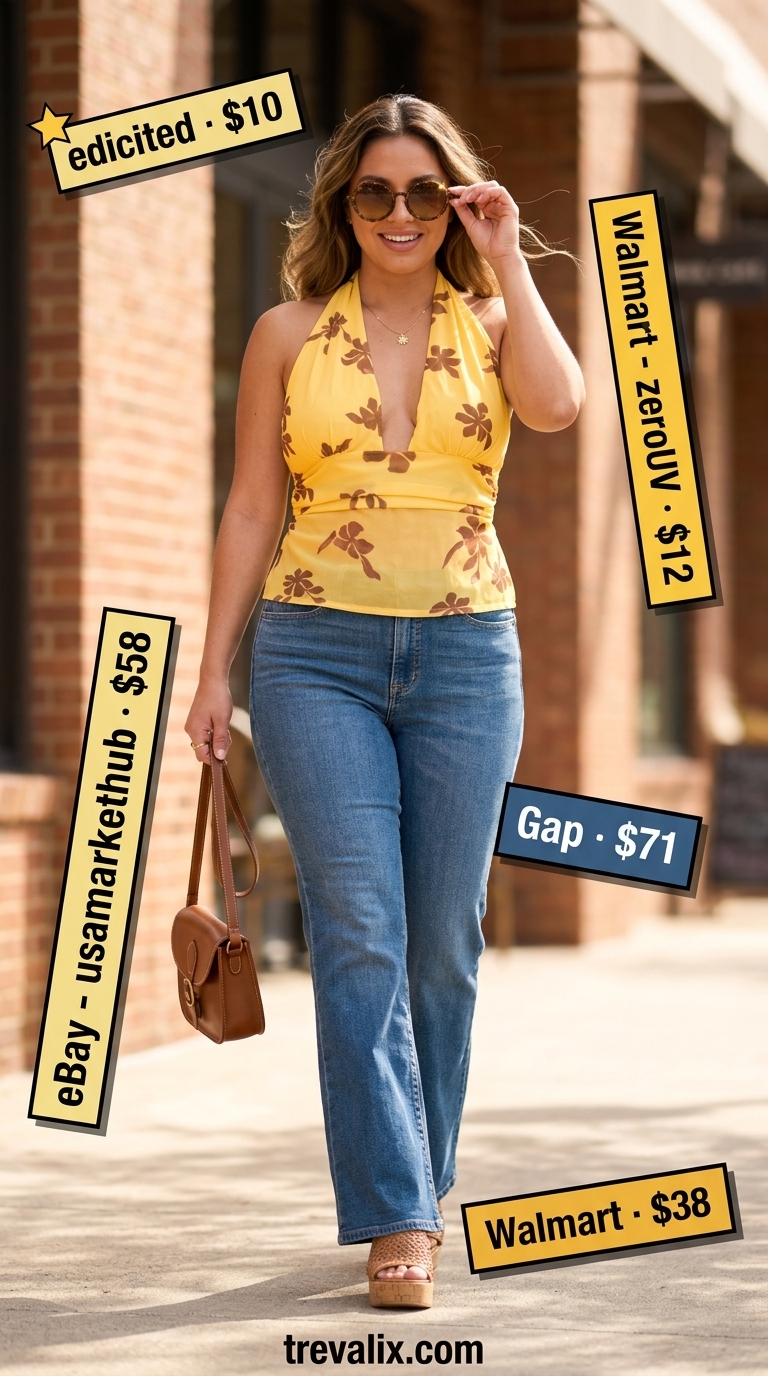 Elegant summer halter top outfits 2026: Yellow floral halter, high-waist flare jeans, platform sandals for retro fun.
