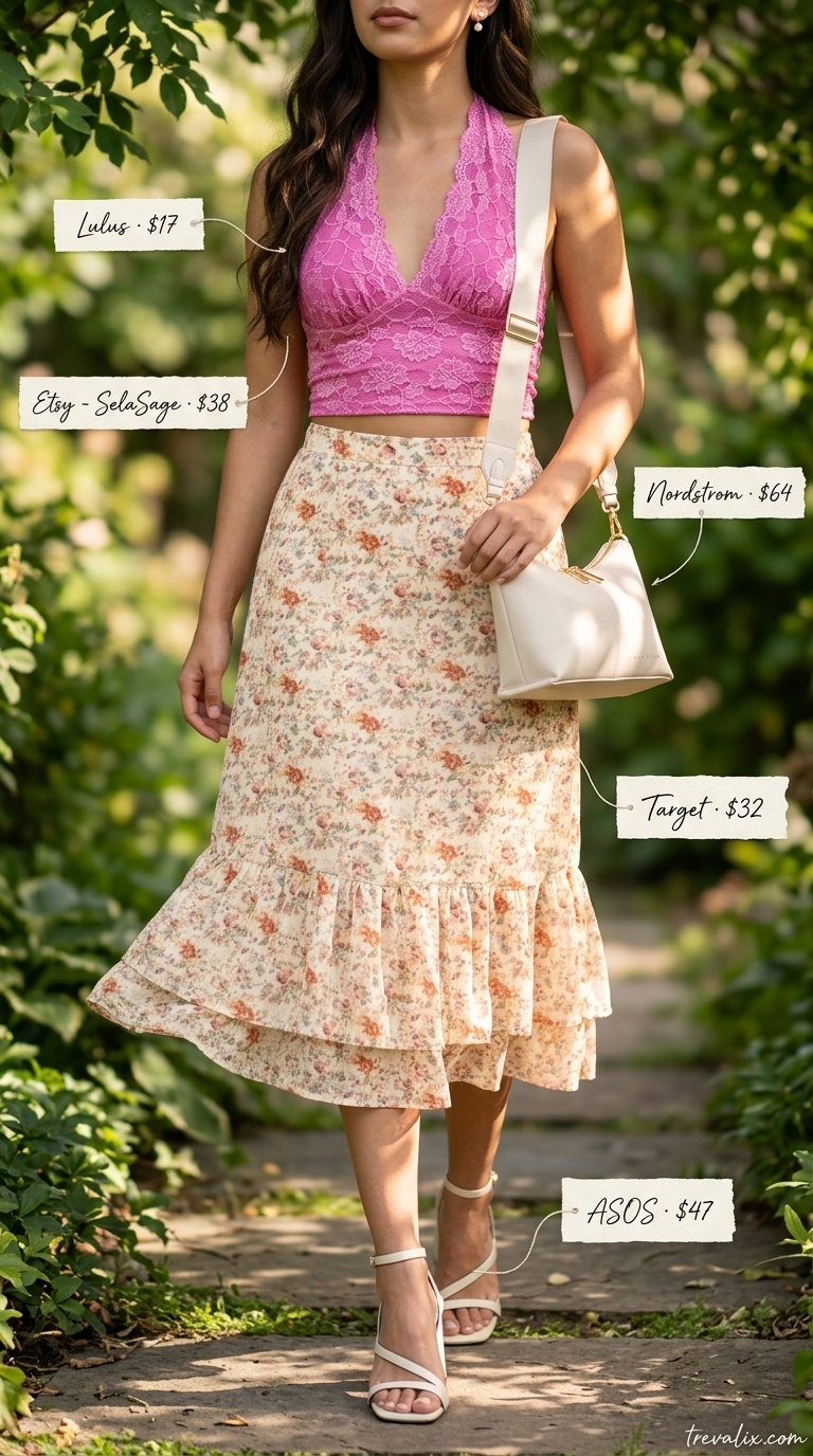 Elegant summer halter top outfits 2026: Blush pink lace halter top with floral midi skirt for summer dates.