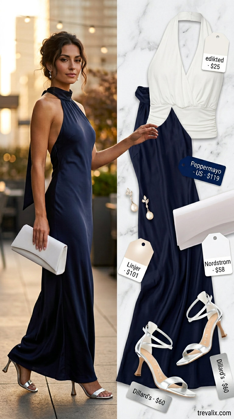 Elegant summer halter top outfits 2026: Navy halter maxi dress with silver sandals for evening.