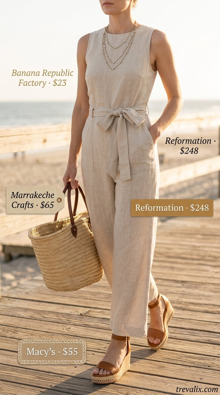 Chic natural beige linen jumpsuit for beachside lunches, with wedge espadrilles and a straw tote. Elegant summer linen jumpsuits for women 2026.
