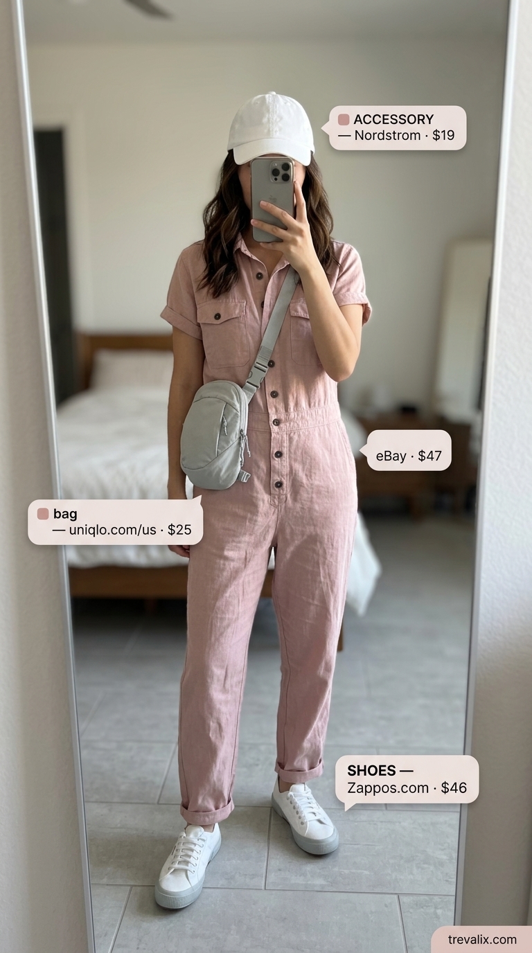 Comfortable blush pink linen jumpsuit for errands, with sneakers and a crossbody bag. Elegant summer linen jumpsuits for women 2026.