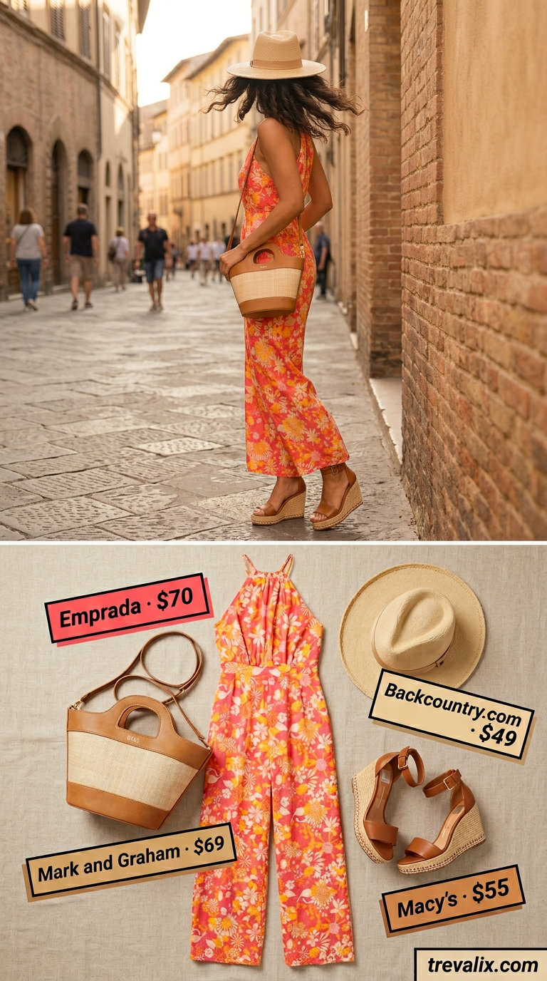 Vibrant floral print linen halter jumpsuit for vacation, paired with espadrilles and a straw hat. Elegant summer linen jumpsuits for women 2026.