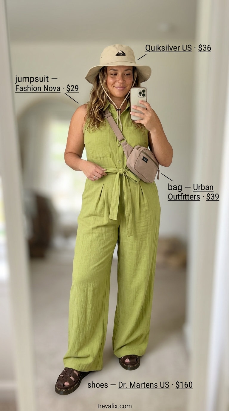 Adventurous khaki utility linen jumpsuit for day trips, with fisherman sandals and a canvas belt bag. Elegant summer linen jumpsuits for women 2026.