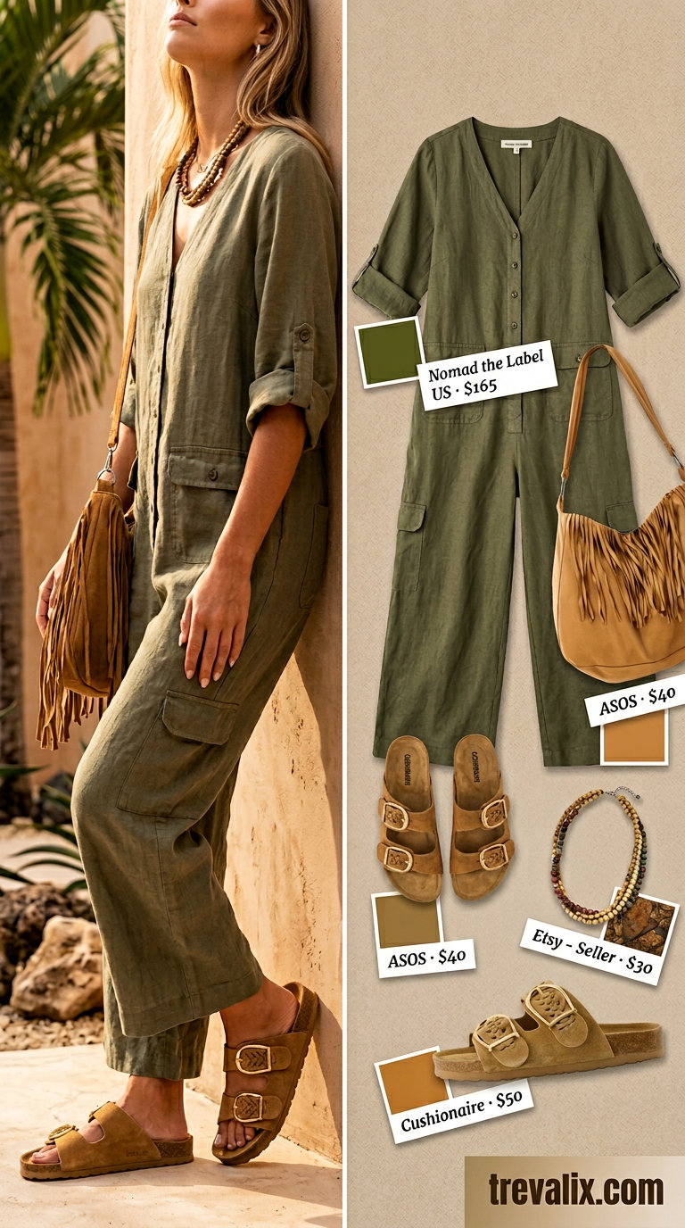 Bohemian olive green linen jumpsuit with peasant neckline, styled with flat sandals and layered necklaces. Elegant summer linen jumpsuits for women 2026.