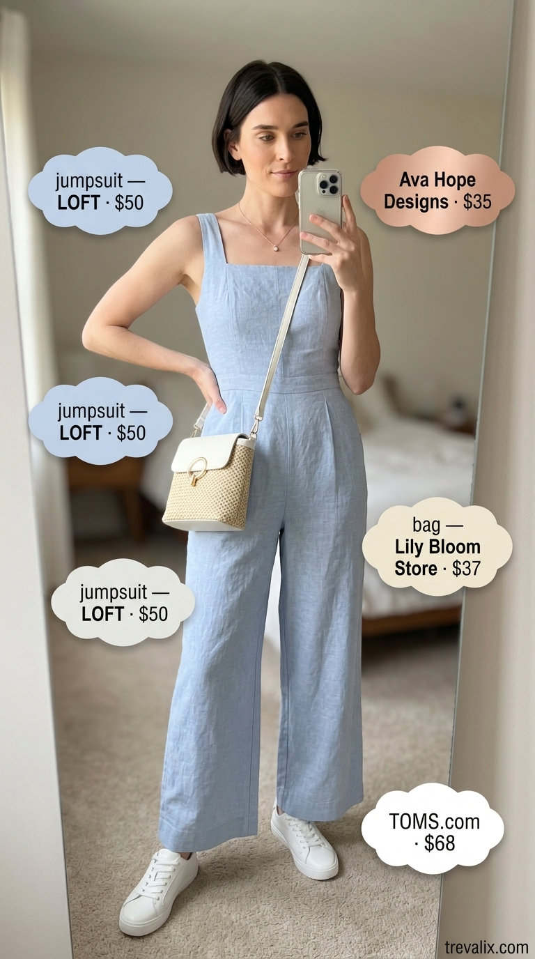 Feminine pastel blue linen jumpsuit for brunch, with white sneakers and a straw crossbody. Elegant summer linen jumpsuits for women 2026.