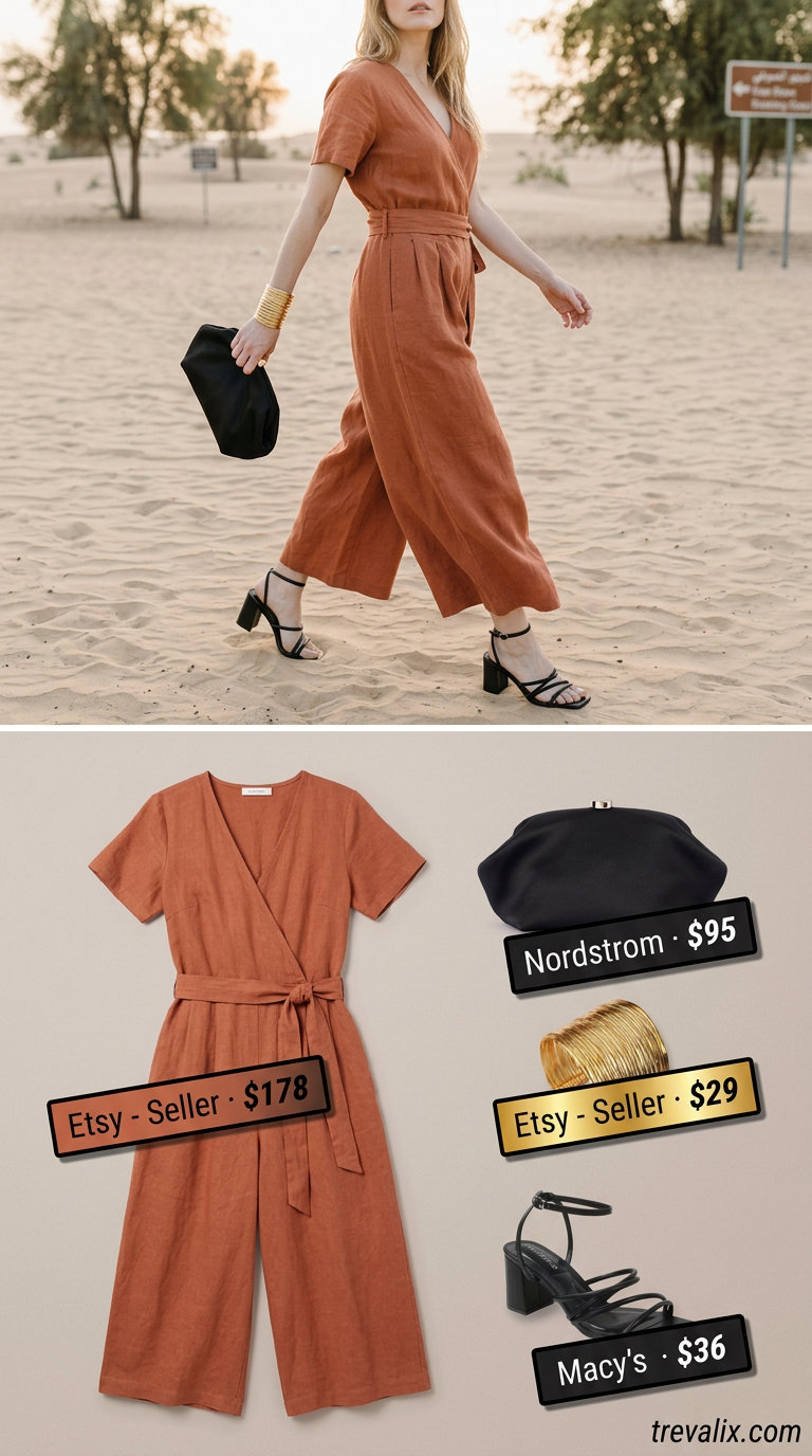 Sophisticated terracotta linen jumpsuit for evening events, with strappy heels and a gold cuff. Elegant summer linen jumpsuits for women 2026.