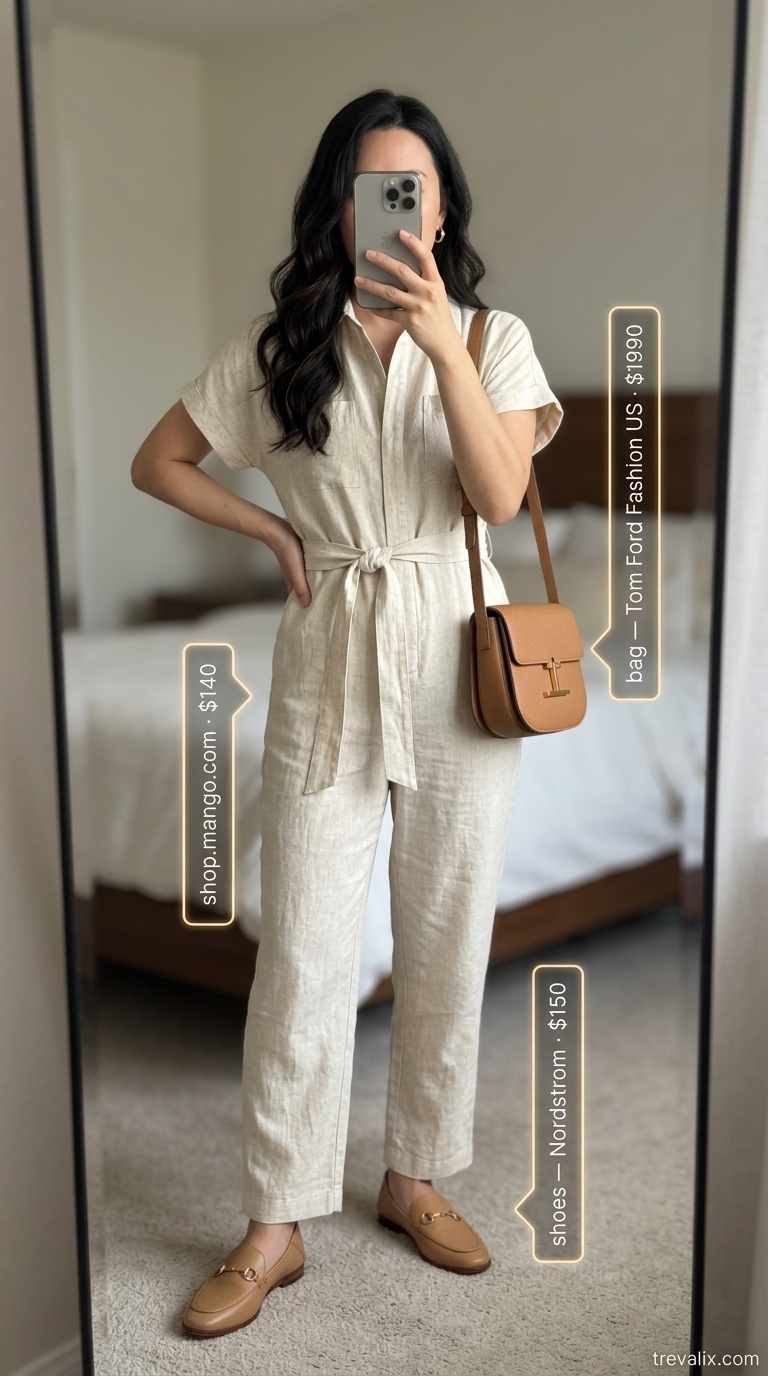 Elegant summer linen jumpsuit for women 2026: beige relaxed jumpsuit, loafers, crossbody bag, gold hoops for casual chic.