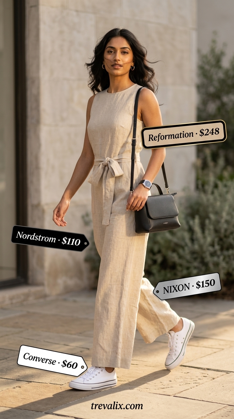 Elegant summer linen jumpsuits for women 2026: Beige short-sleeve jumpsuit with sneakers and crossbody bag for minimalist casual style.